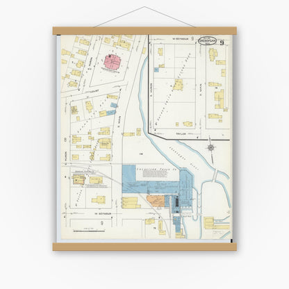 Old map wall art mockup — magnetic wood frame on white wall — Sanborn Fire Insurance Map from Cheboygan, Cheboygan County, Michigan (1915), Sheet #0009