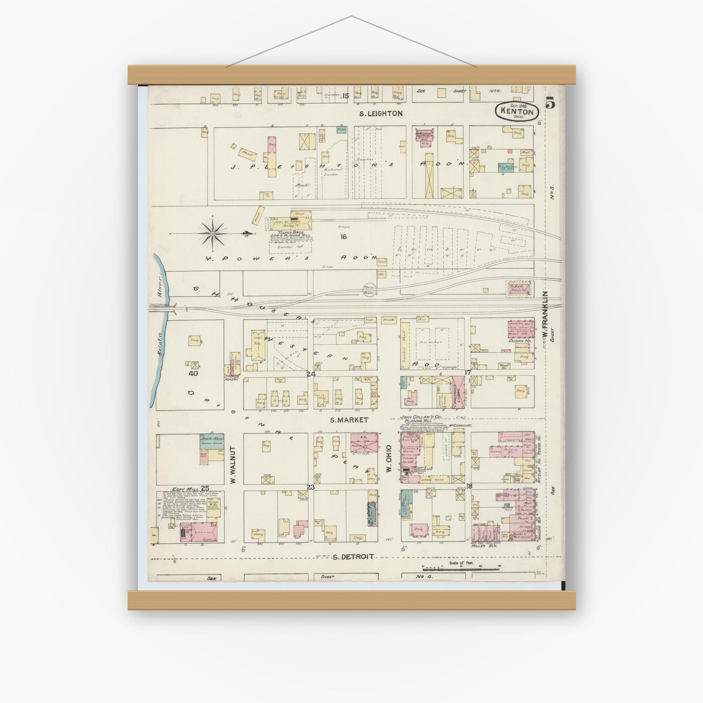 Old map wall art mockup — magnetic wood frame on white wall — Sanborn Fire Insurance Map from Kenton, Hardin County, Ohio (1888), Sheet #0005