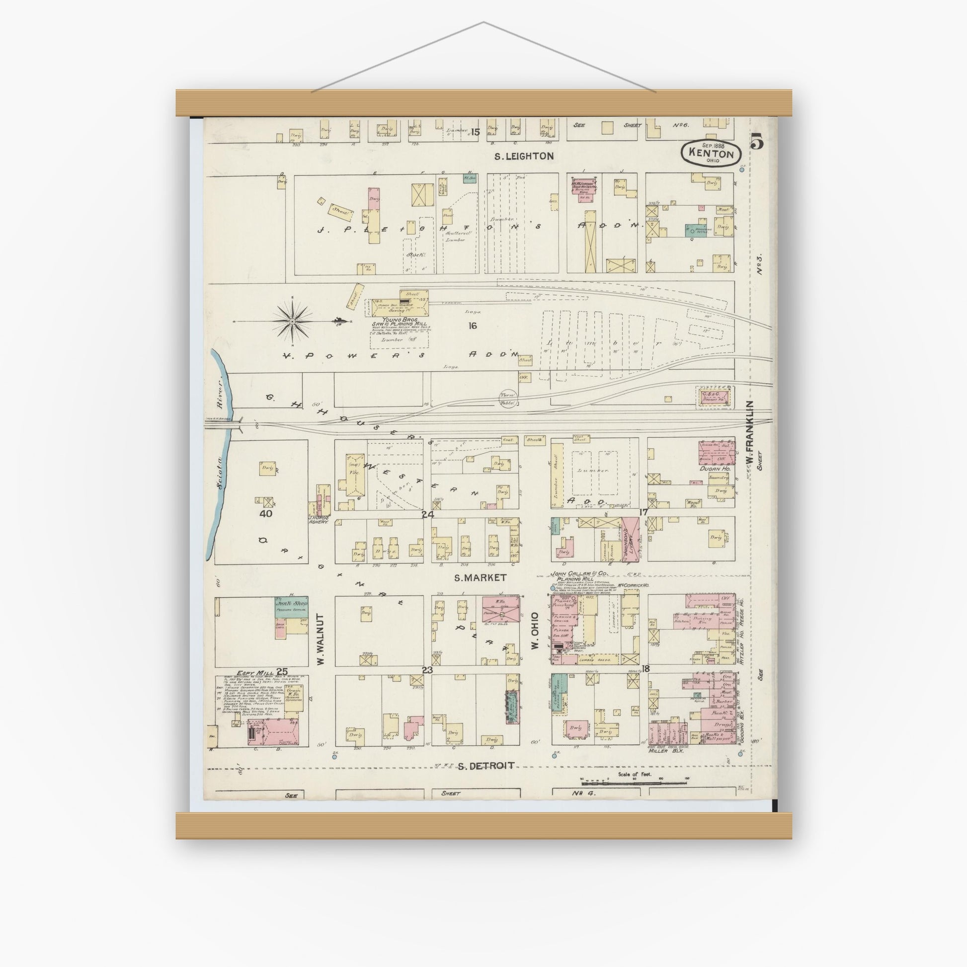 Old map wall art mockup — magnetic wood frame on white wall — Sanborn Fire Insurance Map from Kenton, Hardin County, Ohio (1888), Sheet #0005