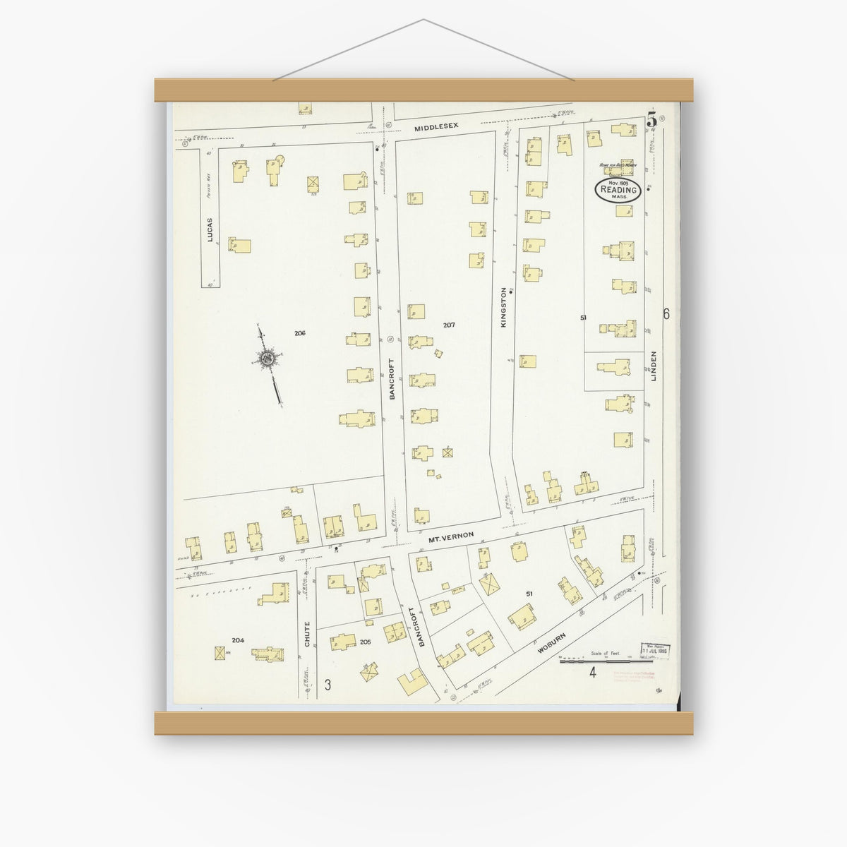 Old map wall art mockup — magnetic wood frame on white wall — Sanborn Fire Insurance Map from Reading, Middlesex County, Massachusetts (1909), Sheet #0005