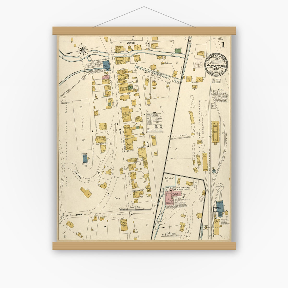 Old map wall art mockup — magnetic wood frame on white wall — Sanborn Fire Insurance Map from Blairstown, Warren County, New Jersey (1903), Sheet #0001
