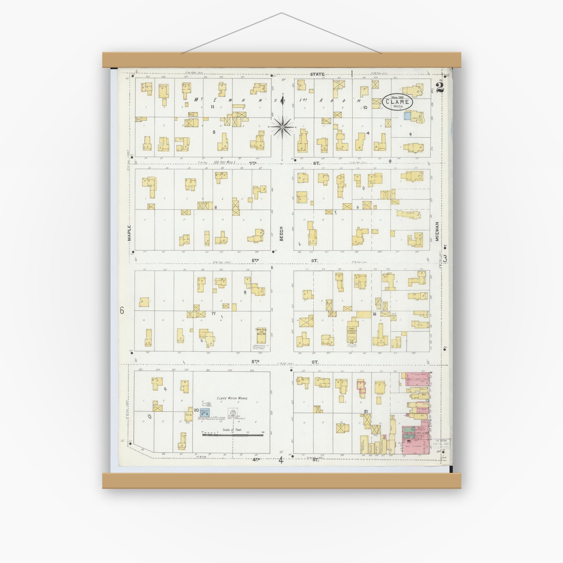 Old map wall art mockup — magnetic wood frame on white wall — Sanborn Fire Insurance Map from Clare, Clare County, Michigan (1906), Sheet #0002