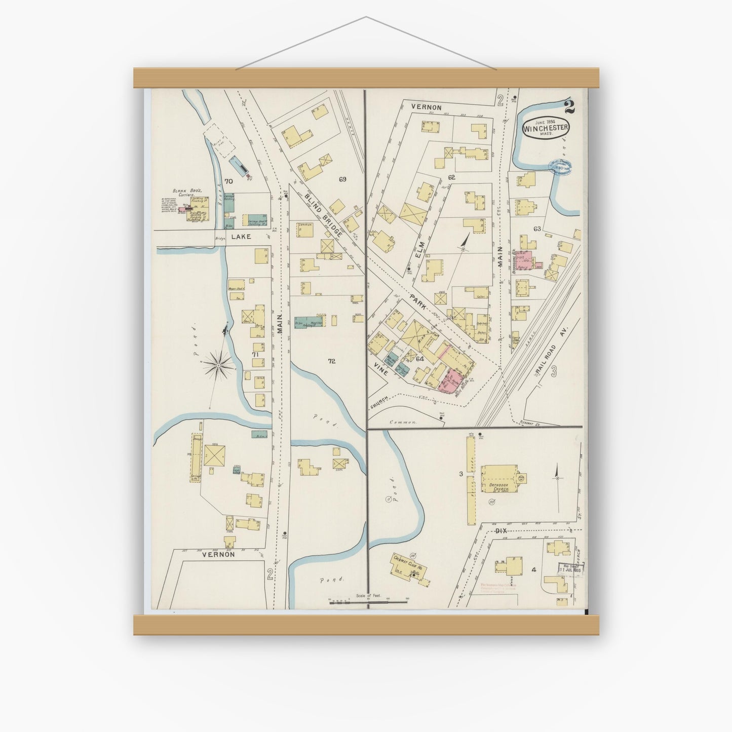 Old map wall art mockup — magnetic wood frame on white wall — Sanborn Fire Insurance Map from Winchester, Middlesex County, Massachusetts (1894), Sheet #0002
