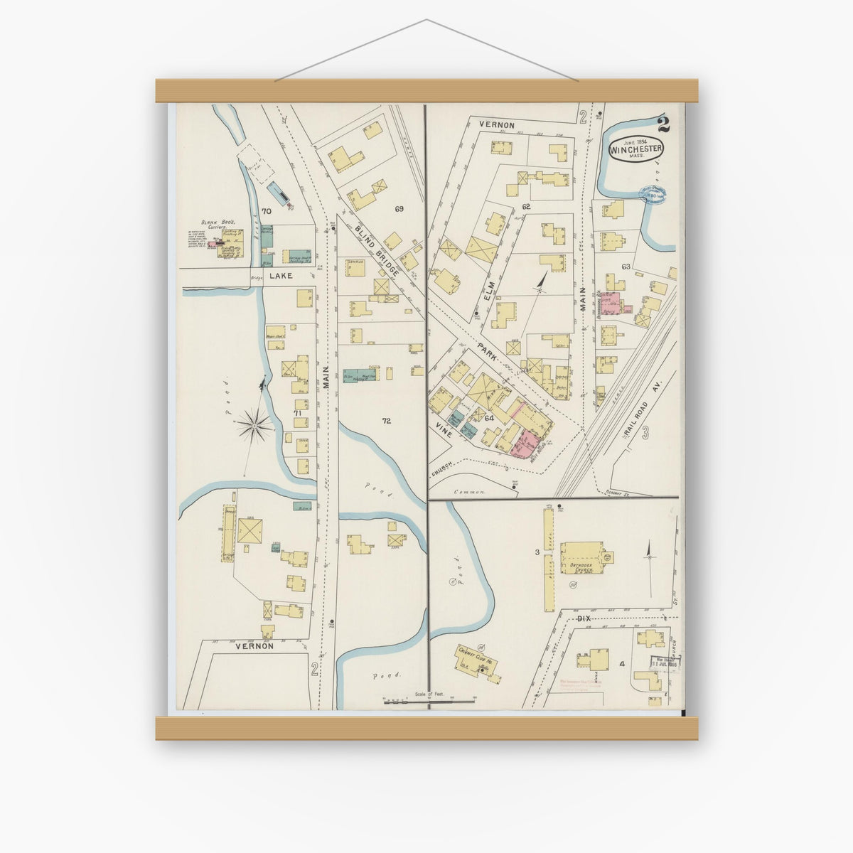 Old map wall art mockup — magnetic wood frame on white wall — Sanborn Fire Insurance Map from Winchester, Middlesex County, Massachusetts (1894), Sheet #0002