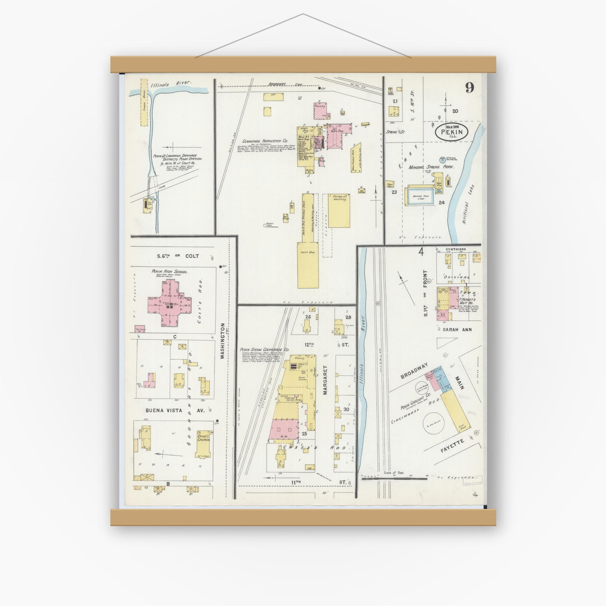 Old map wall art mockup — magnetic wood frame on white wall — Sanborn Fire Insurance Map from Pekin, Tazewell County, Illinois (1898), Sheet #0009