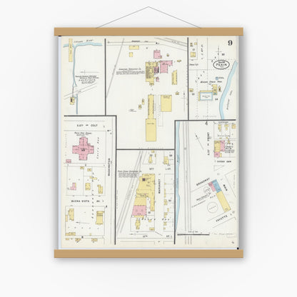 Old map wall art mockup — magnetic wood frame on white wall — Sanborn Fire Insurance Map from Pekin, Tazewell County, Illinois (1898), Sheet #0009