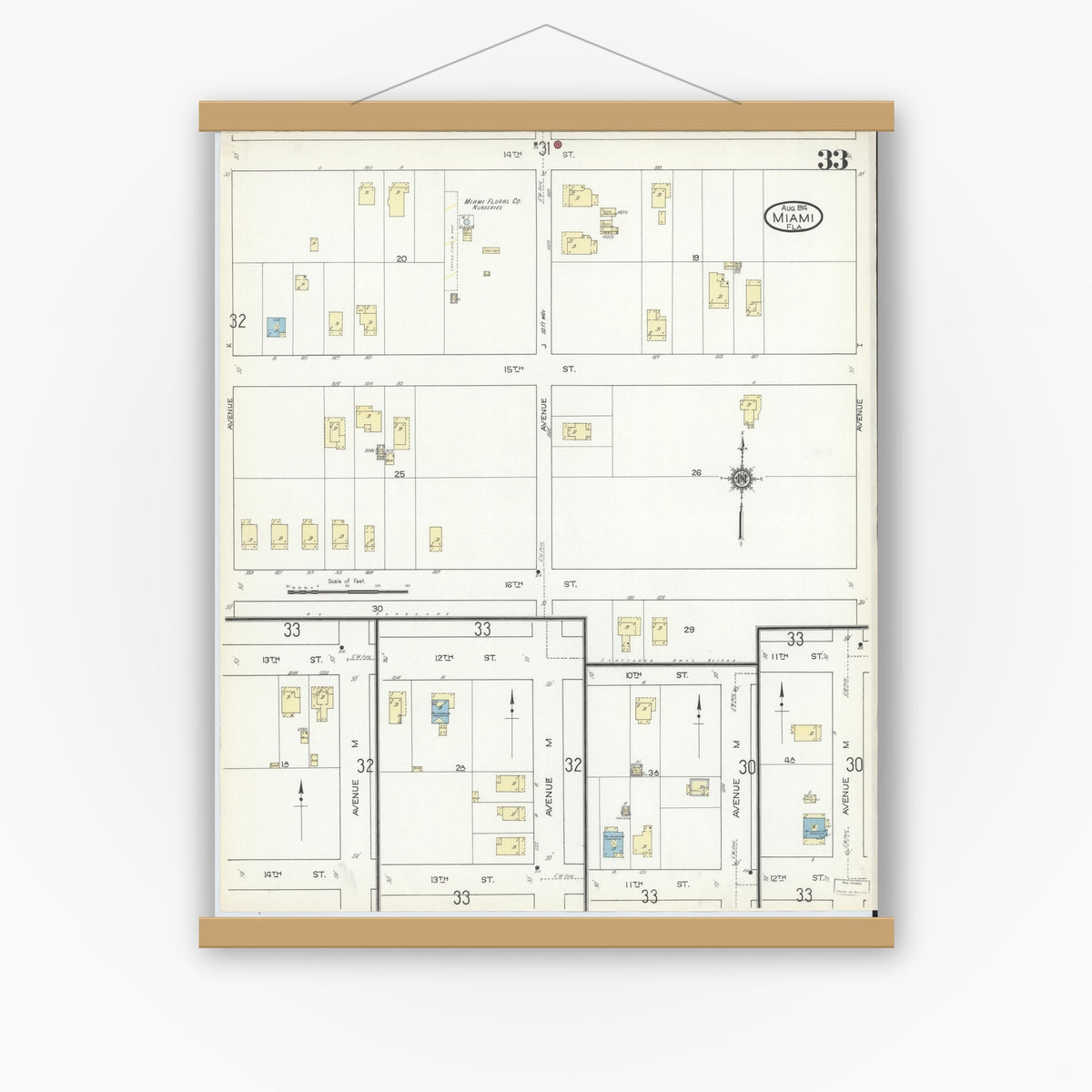 Old map wall art mockup — magnetic wood frame on white wall — Sanborn Fire Insurance Map from Miami, Dade County, Florida (1914), Sheet #0033