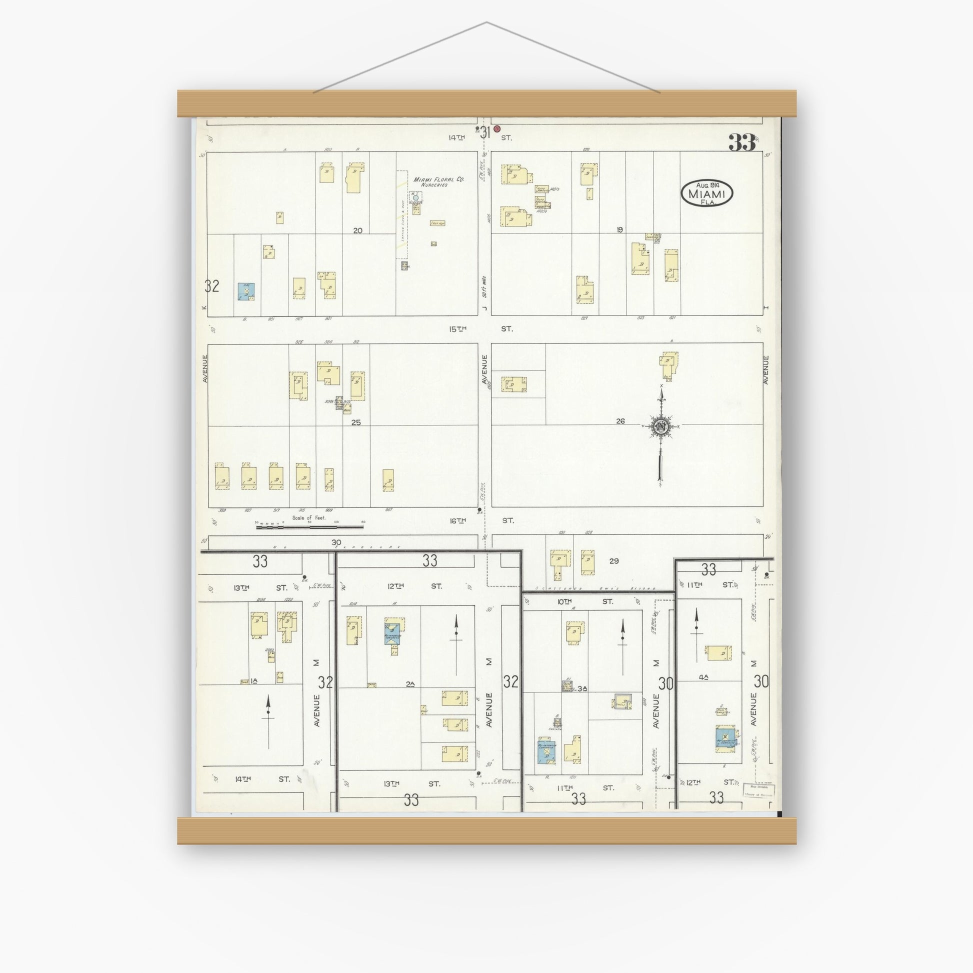 Old map wall art mockup — magnetic wood frame on white wall — Sanborn Fire Insurance Map from Miami, Dade County, Florida (1914), Sheet #0033