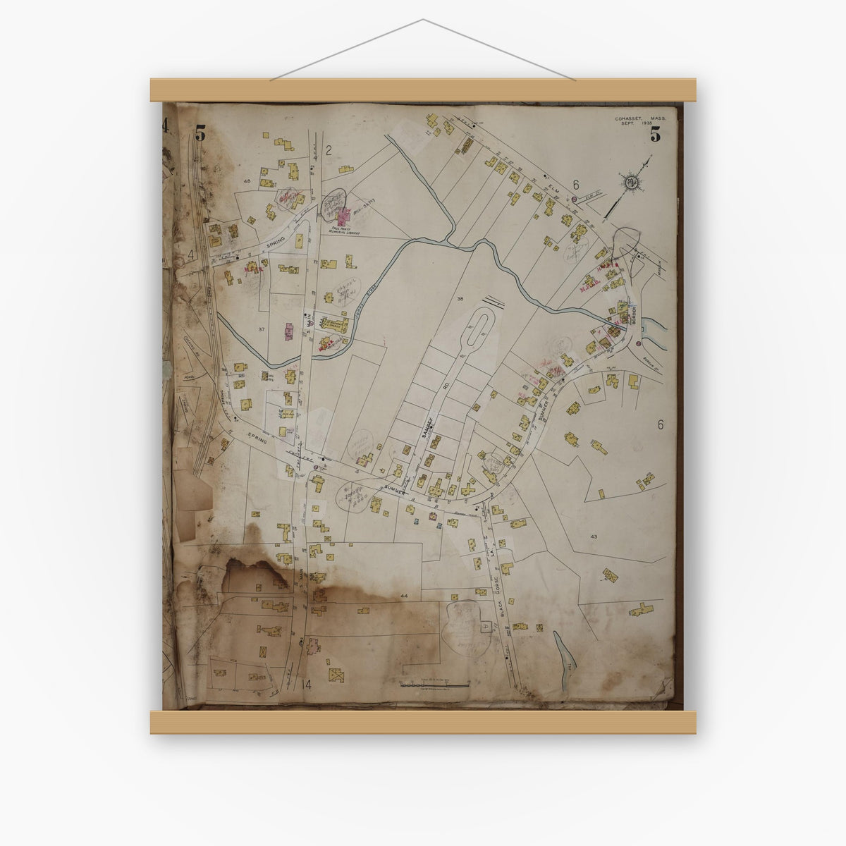 Old map wall art mockup — magnetic wood frame on white wall — Sanborn Fire Insurance Map from Cohasset, Norfolk County, Massachusetts (1963), Sheet #0005