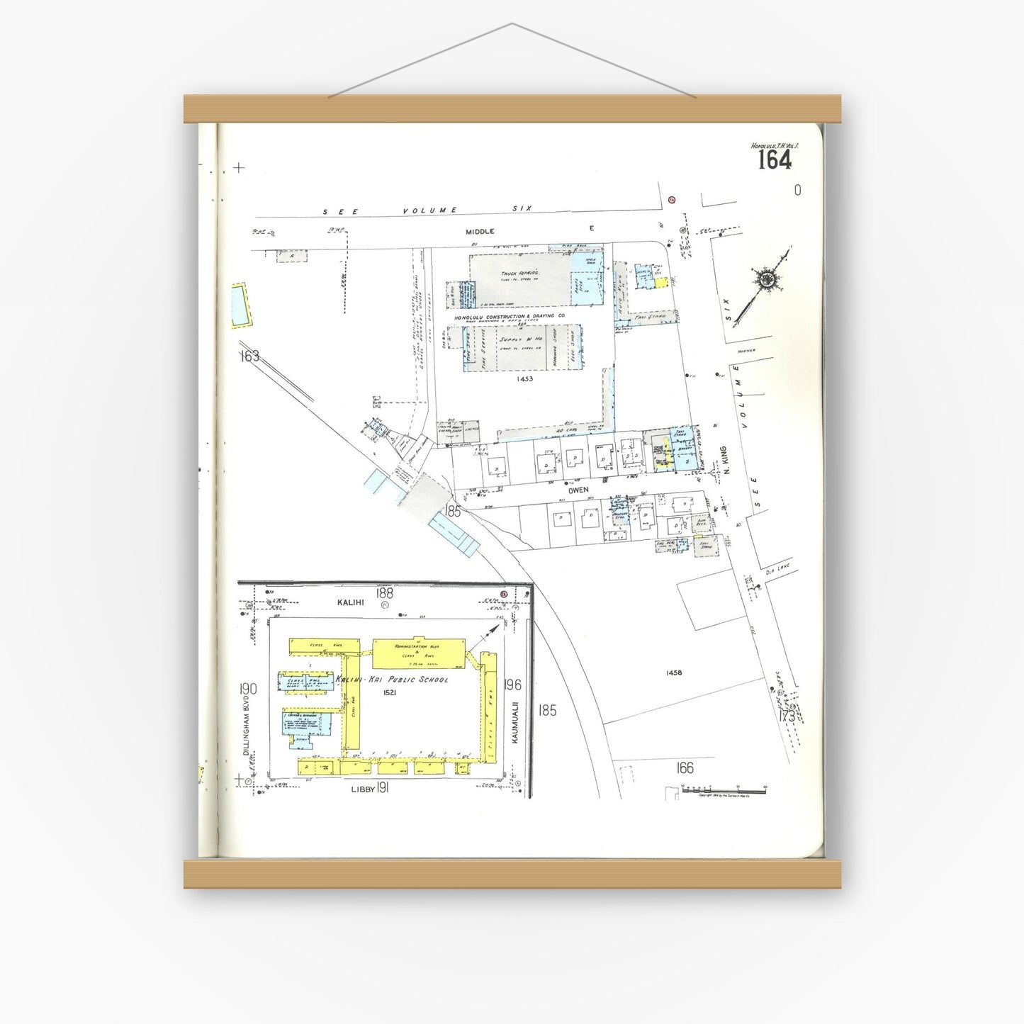 Old map wall art mockup — magnetic wood frame on white wall — Sanborn Fire Insurance Map from Honolulu, Oahu County, Hawaii (1955), Sheet #0164