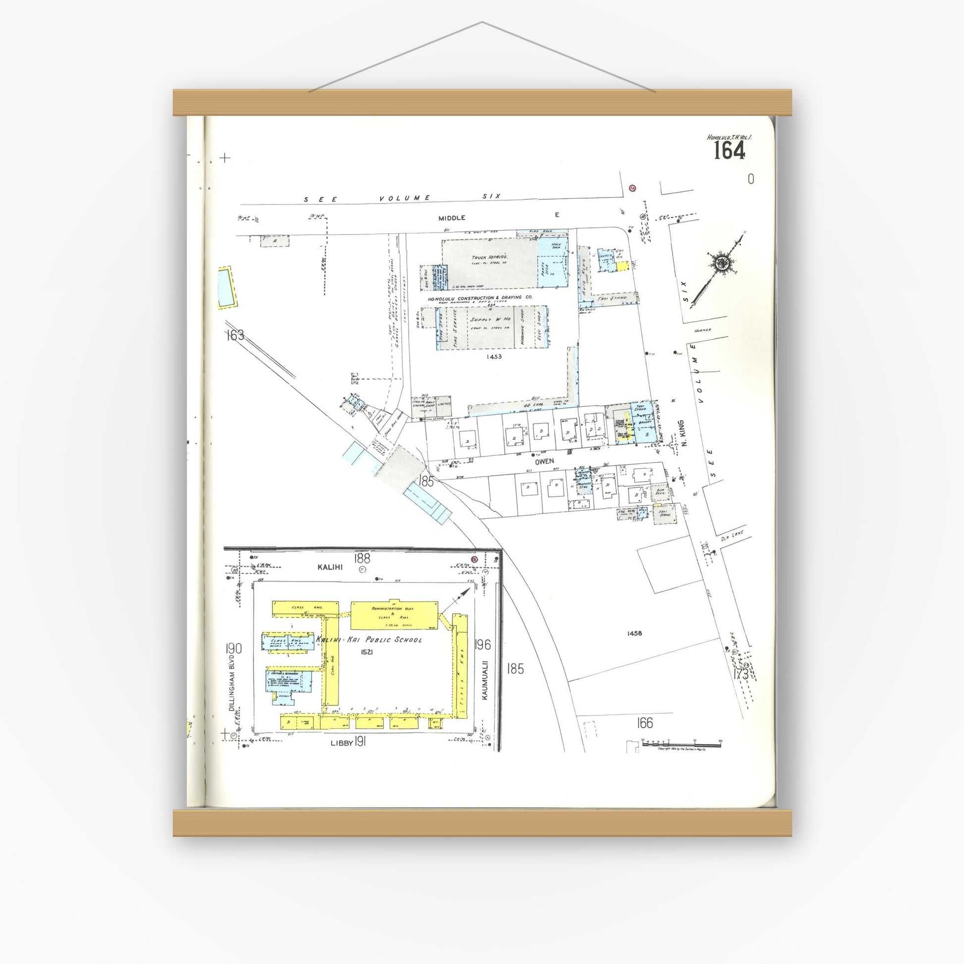 Old map wall art mockup — magnetic wood frame on white wall — Sanborn Fire Insurance Map from Honolulu, Oahu County, Hawaii (1955), Sheet #0164