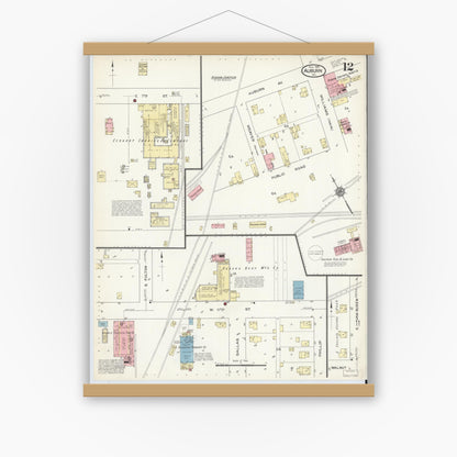 Old map wall art mockup — magnetic wood frame on white wall — Sanborn Fire Insurance Map from Auburn, De Kalb County, Indiana (1914), Sheet #0012