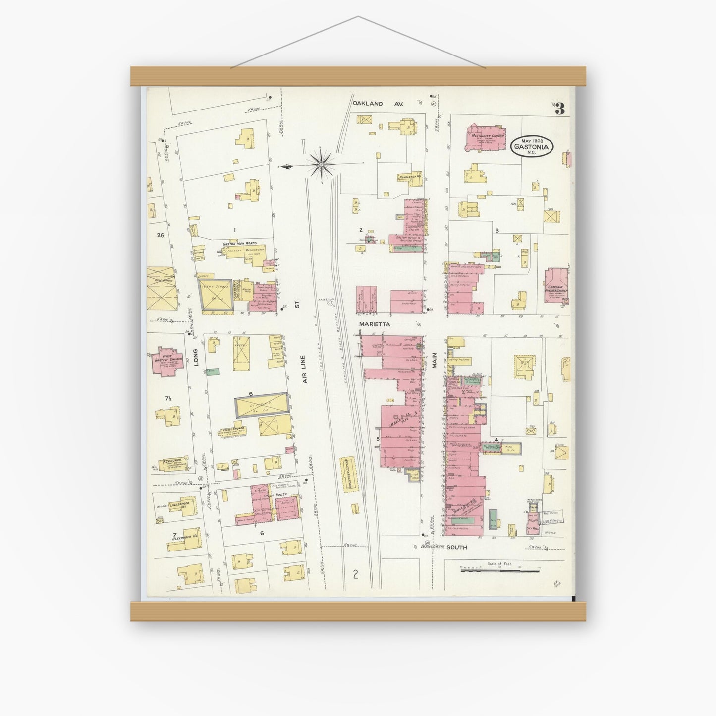 Old map wall art mockup — magnetic wood frame on white wall — Sanborn Fire Insurance Map from Gastonia, Gaston County, North Carolina (1908), Sheet #0003