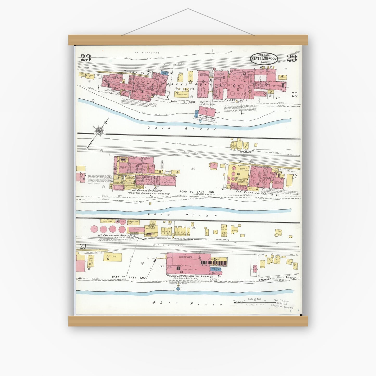 Old map wall art mockup — magnetic wood frame on white wall — Sanborn Fire Insurance Map from East Liverpool, Columbiana County, Ohio (1923), Sheet #0023