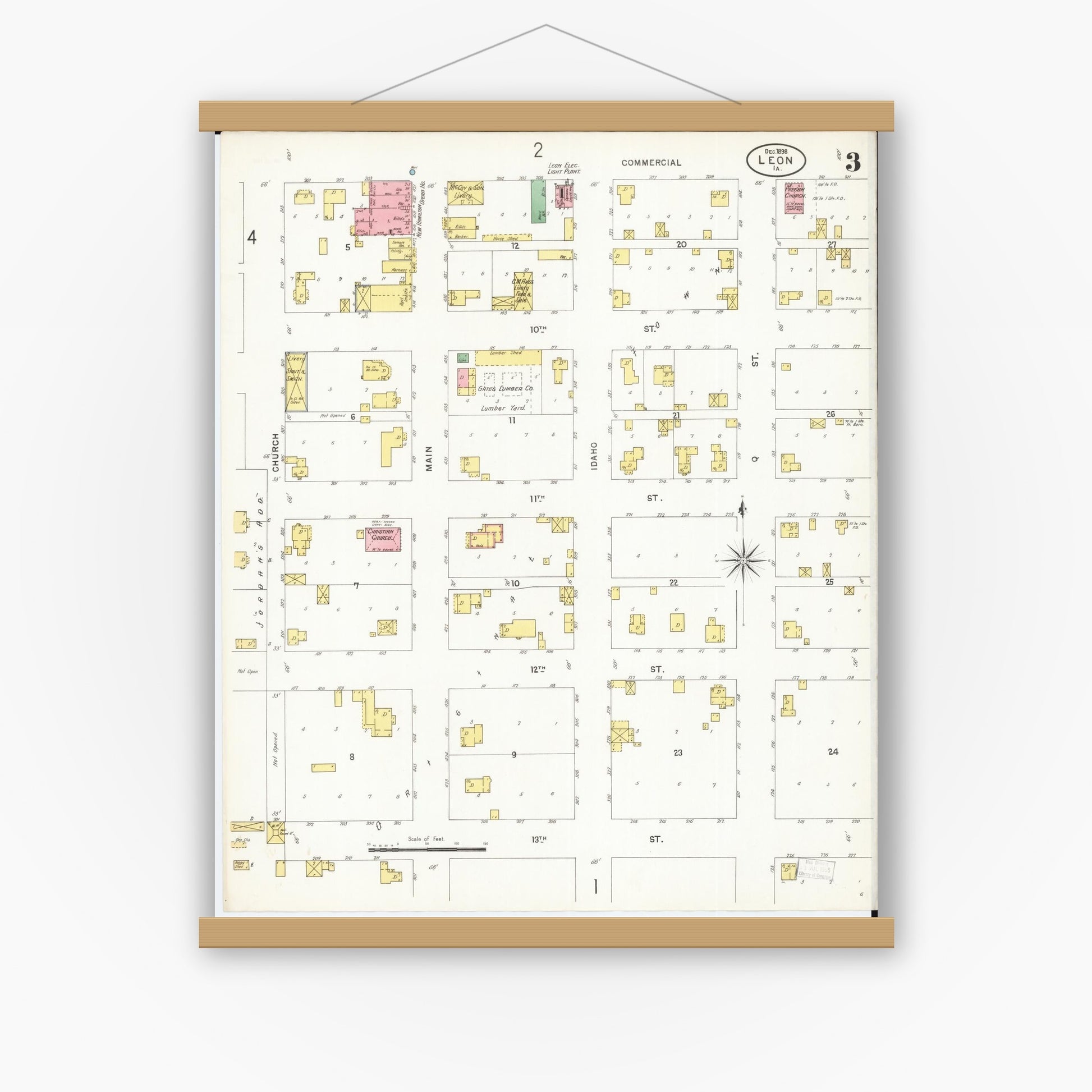Old map wall art mockup — magnetic wood frame on white wall — Sanborn Fire Insurance Map from Leon, Decatur County, Iowa (1898), Sheet #0003