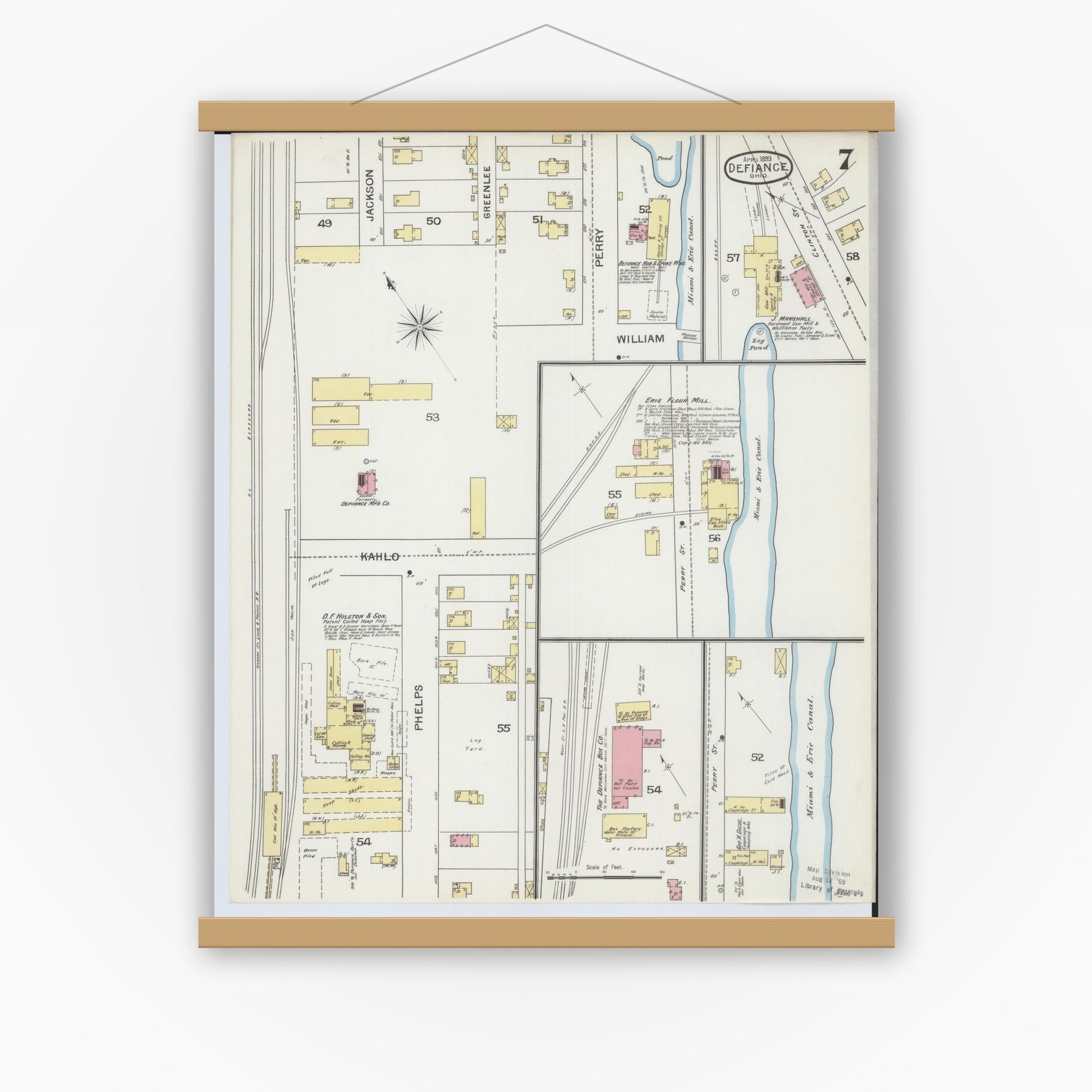 Old map wall art mockup — magnetic wood frame on white wall — Sanborn Fire Insurance Map from Defiance, Defiance County, Ohio (1893), Sheet #0007