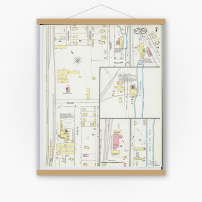 Old map wall art mockup — magnetic wood frame on white wall — Sanborn Fire Insurance Map from Defiance, Defiance County, Ohio (1893), Sheet #0007