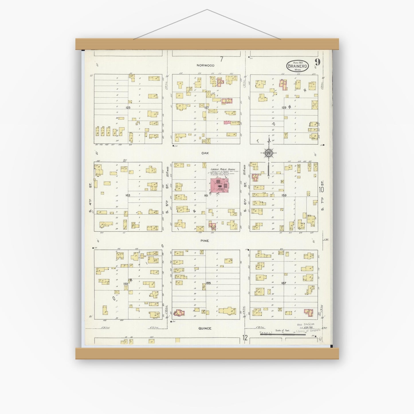 Old map wall art mockup — magnetic wood frame on white wall — Sanborn Fire Insurance Map from Brainerd, Crow Wing County, Minnesota (1913), Sheet #0009