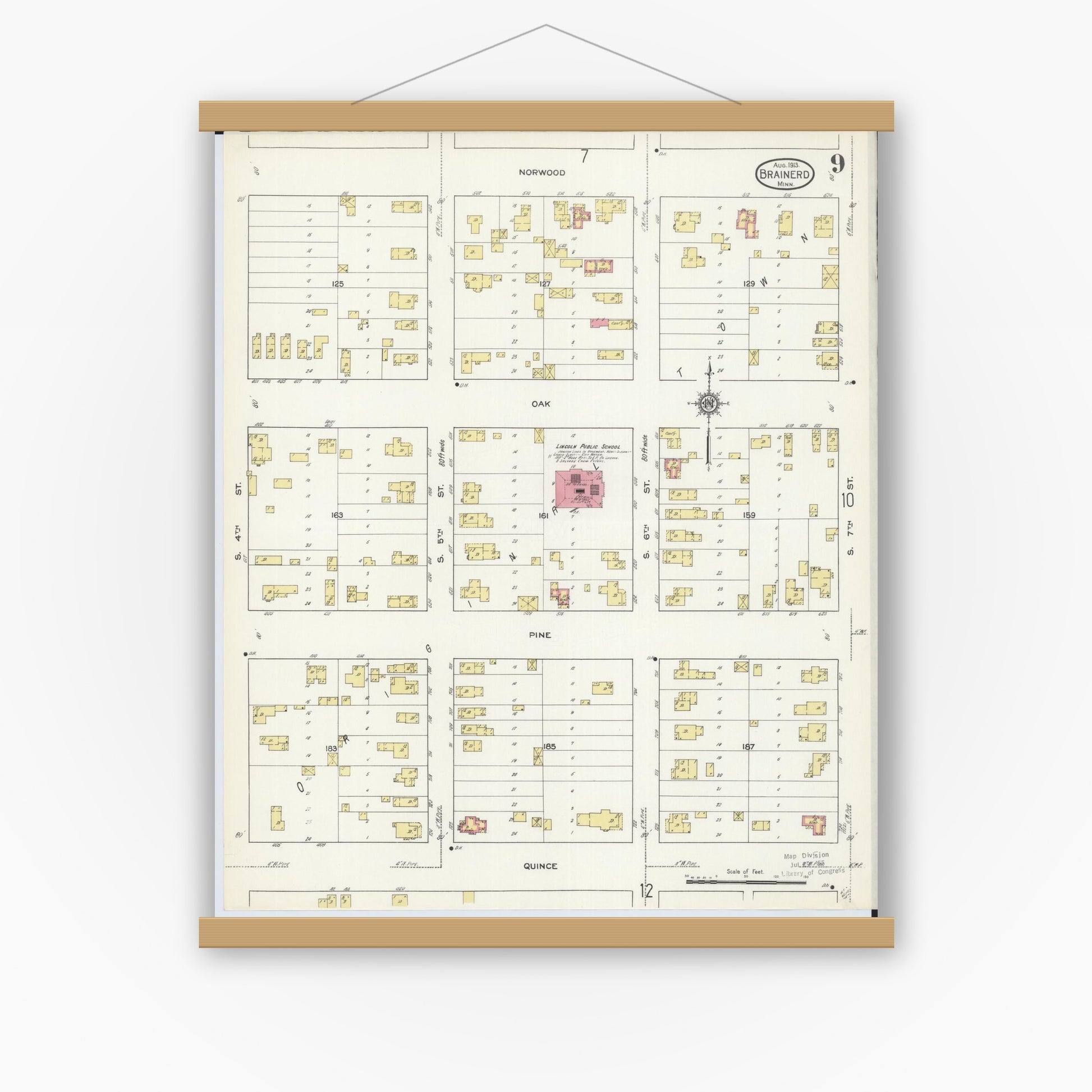 Old map wall art mockup — magnetic wood frame on white wall — Sanborn Fire Insurance Map from Brainerd, Crow Wing County, Minnesota (1913), Sheet #0009