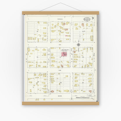 Old map wall art mockup — magnetic wood frame on white wall — Sanborn Fire Insurance Map from Brainerd, Crow Wing County, Minnesota (1913), Sheet #0009