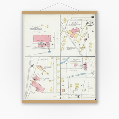 Old map wall art mockup — magnetic wood frame on white wall — Sanborn Fire Insurance Map from Raleigh, Wake County, North Carolina (1896), Sheet #0016