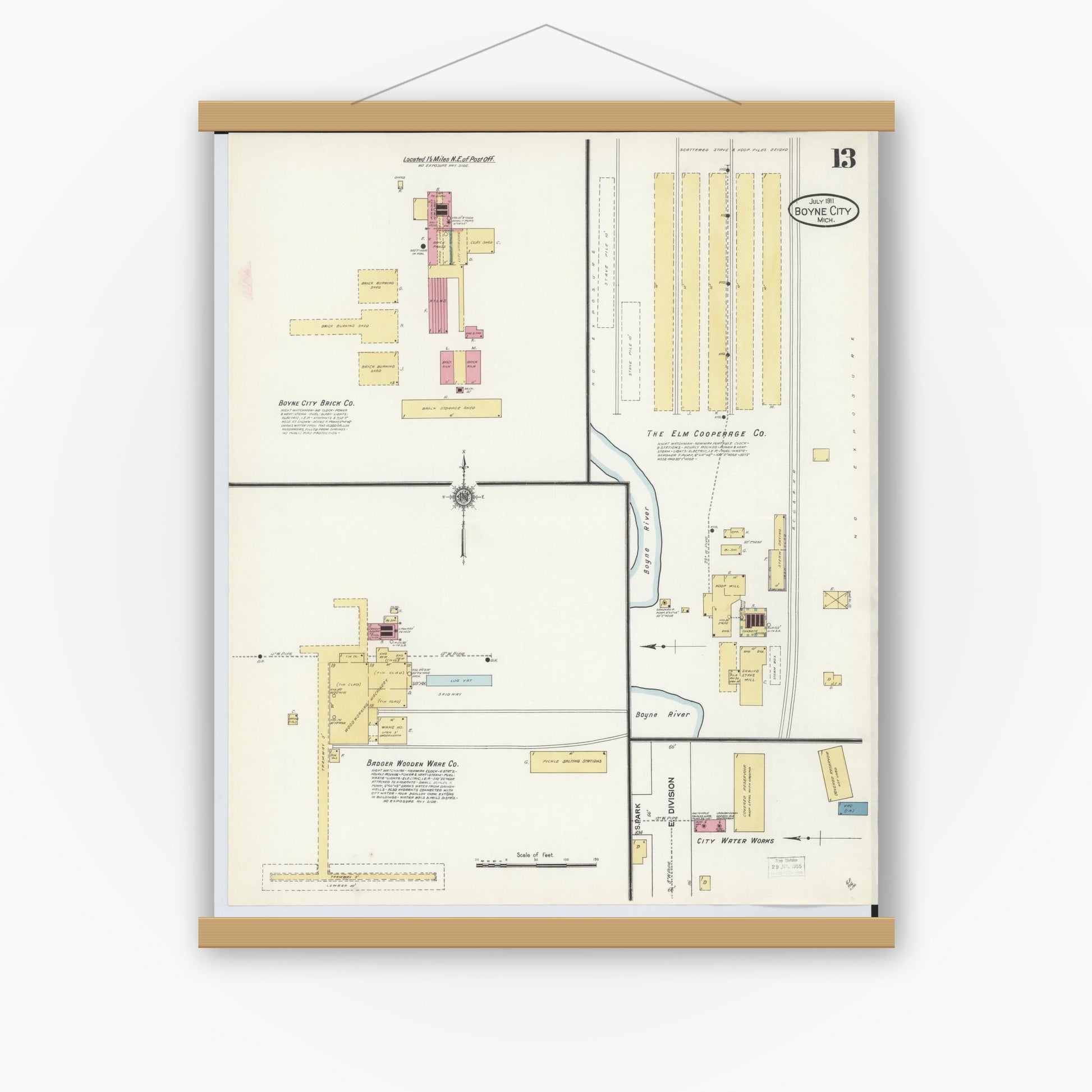 Old map wall art mockup — magnetic wood frame on white wall — Sanborn Fire Insurance Map from Boyne City, Charlevoix County, Michigan (1911), Sheet #0013