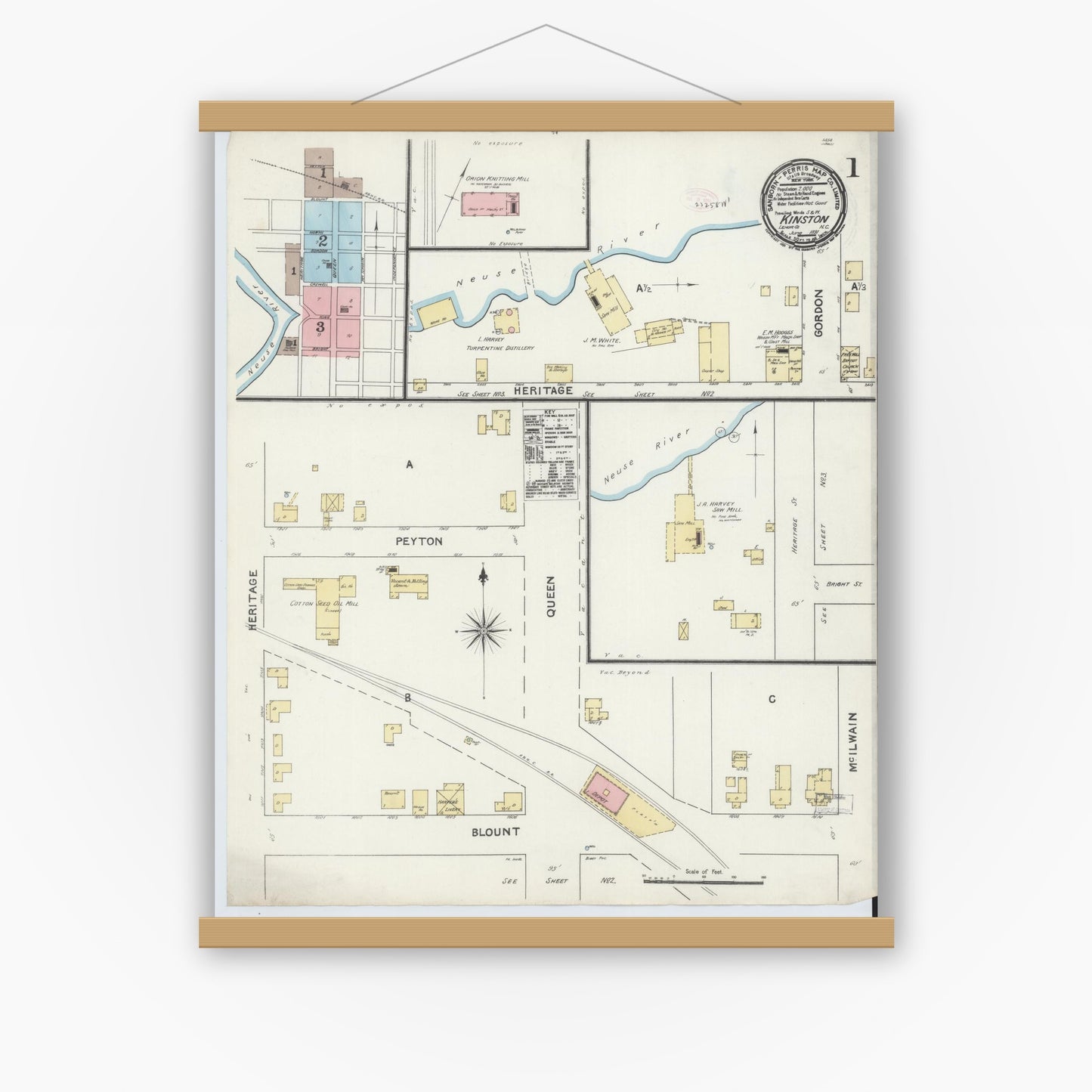 Old map wall art mockup — magnetic wood frame on white wall — Sanborn Fire Insurance Map from Kinston, Lenoir County, North Carolina (1891) - Complete Map Set