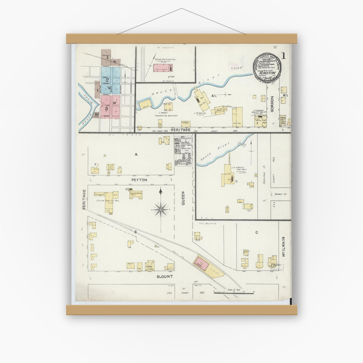 Old map wall art mockup — magnetic wood frame on white wall — Sanborn Fire Insurance Map from Kinston, Lenoir County, North Carolina (1891) - Complete Map Set