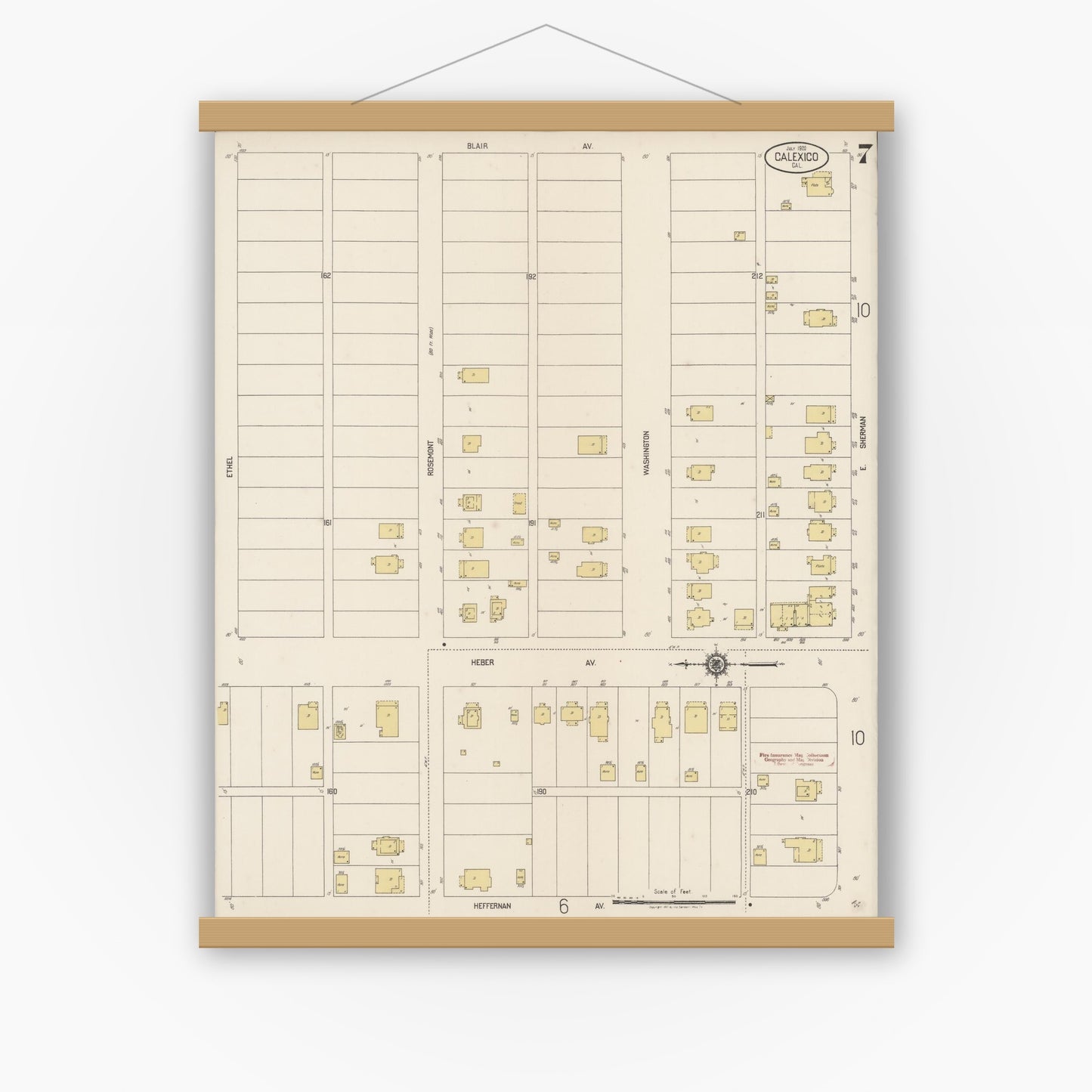Old map wall art mockup — magnetic wood frame on white wall — Sanborn Fire Insurance Map from Calexico, Imperial County, California (1920), Sheet #0007