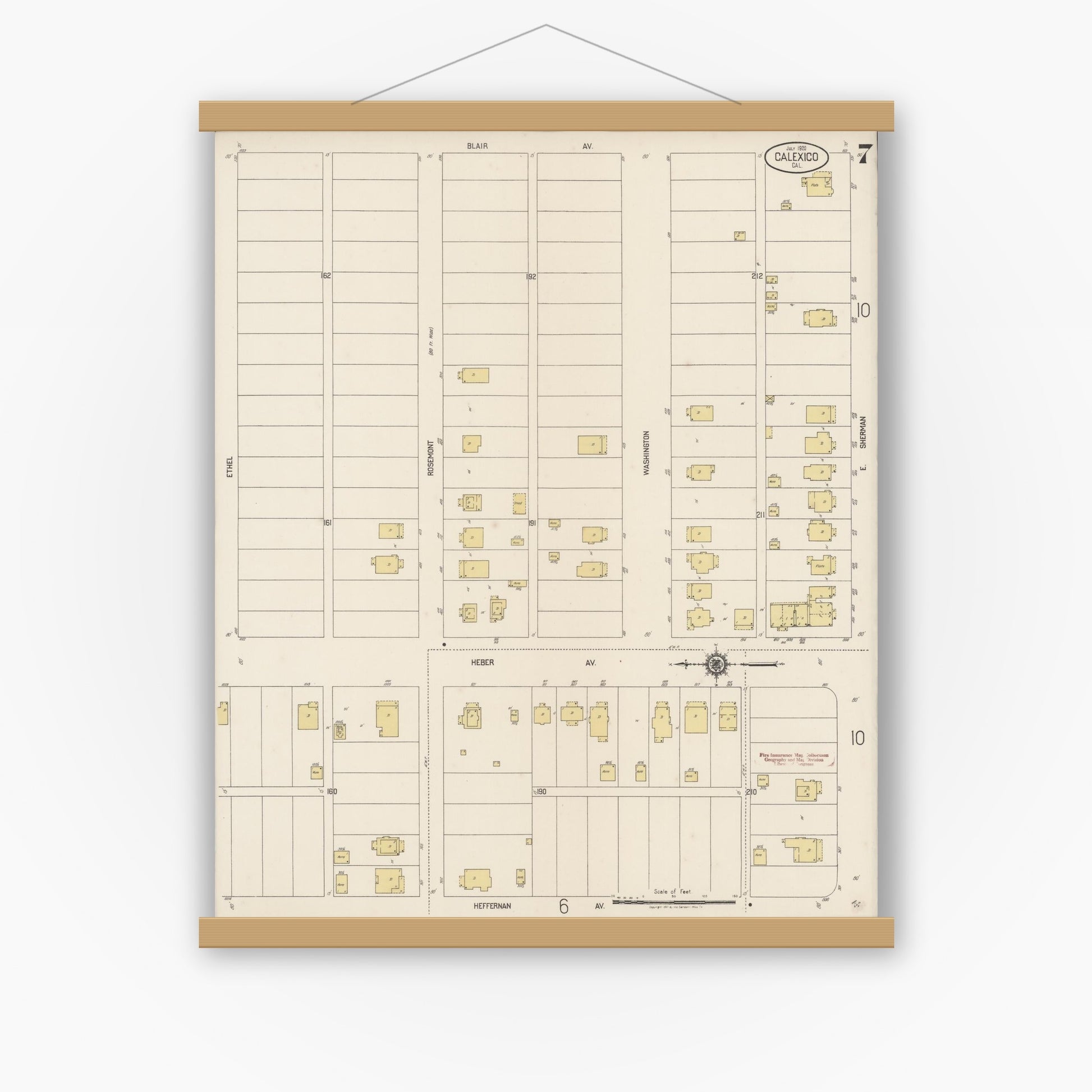 Old map wall art mockup — magnetic wood frame on white wall — Sanborn Fire Insurance Map from Calexico, Imperial County, California (1920), Sheet #0007