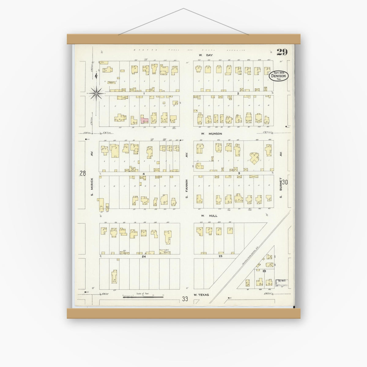 Old map wall art mockup — magnetic wood frame on white wall — Sanborn Fire Insurance Map from Denison, Grayson County, Texas (1908), Sheet #0029