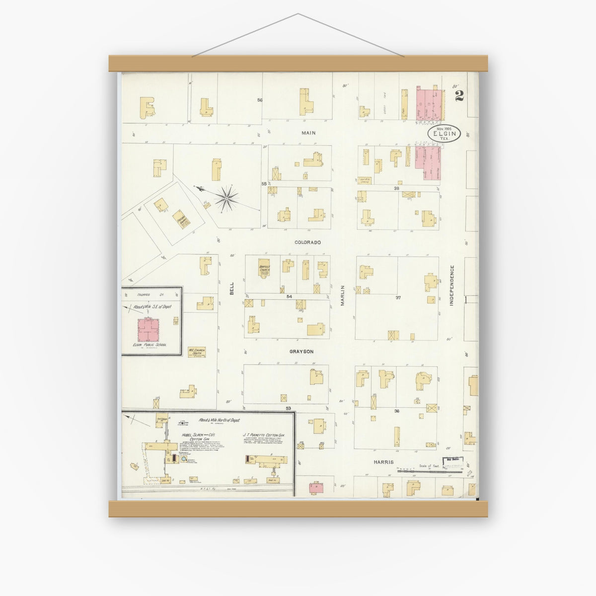 Old map wall art mockup — magnetic wood frame on white wall — Sanborn Fire Insurance Map from Elgin, Bastrop County, Texas (1905), Sheet #0002
