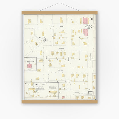 Old map wall art mockup — magnetic wood frame on white wall — Sanborn Fire Insurance Map from Elgin, Bastrop County, Texas (1905), Sheet #0002