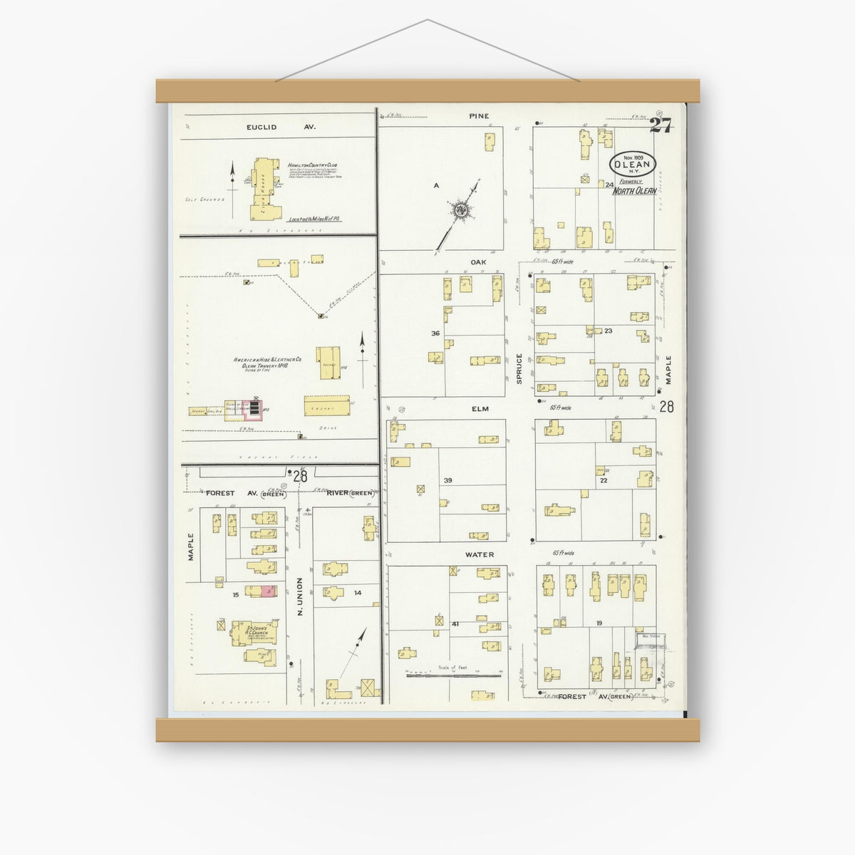 Old map wall art mockup — magnetic wood frame on white wall — Sanborn Fire Insurance Map from Olean, Cattaraugus County, New York (1909), Sheet #0027