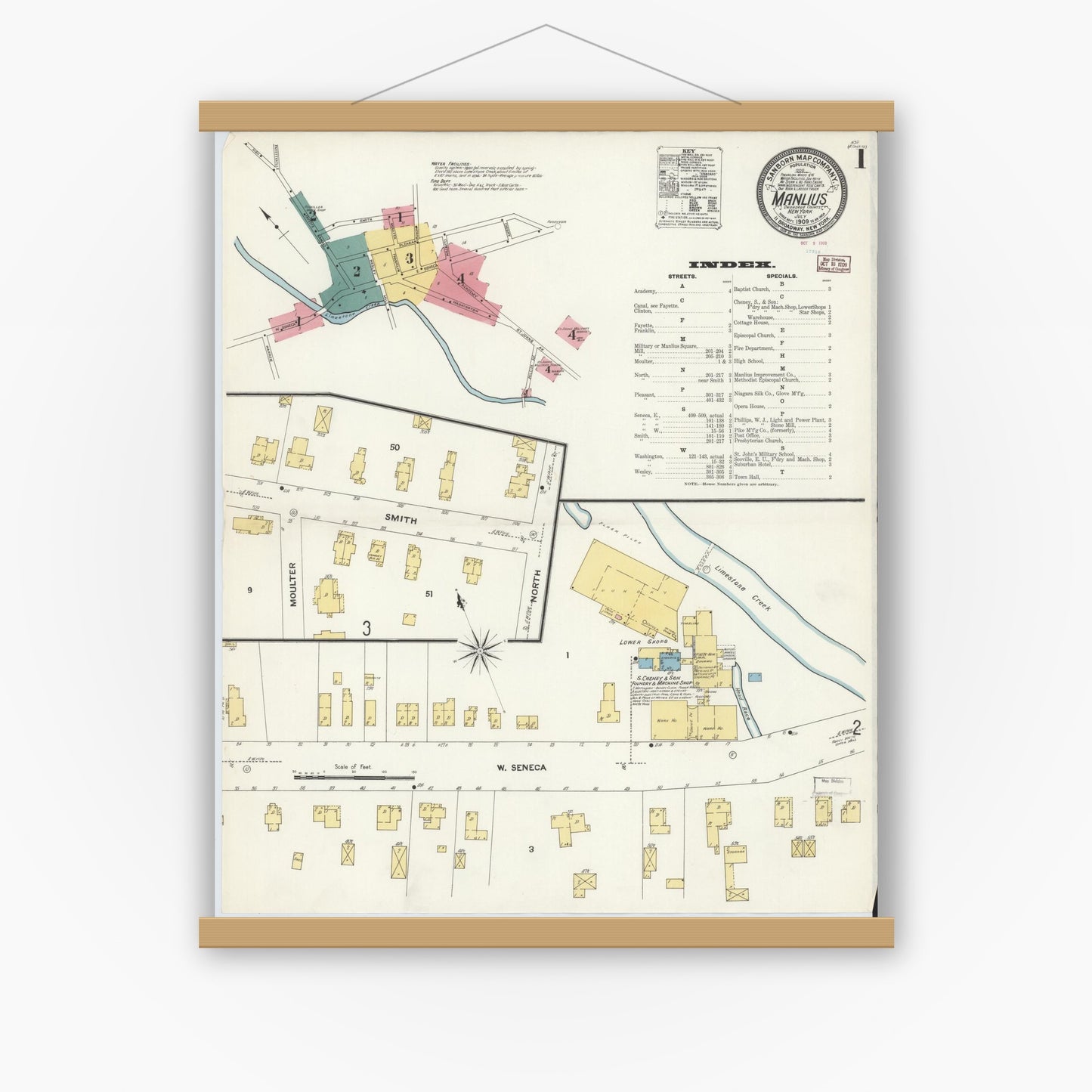 Old map wall art mockup — magnetic wood frame on white wall — Sanborn Fire Insurance Map from Manlius, Onondaga County, New York (1909) - Complete Map Set