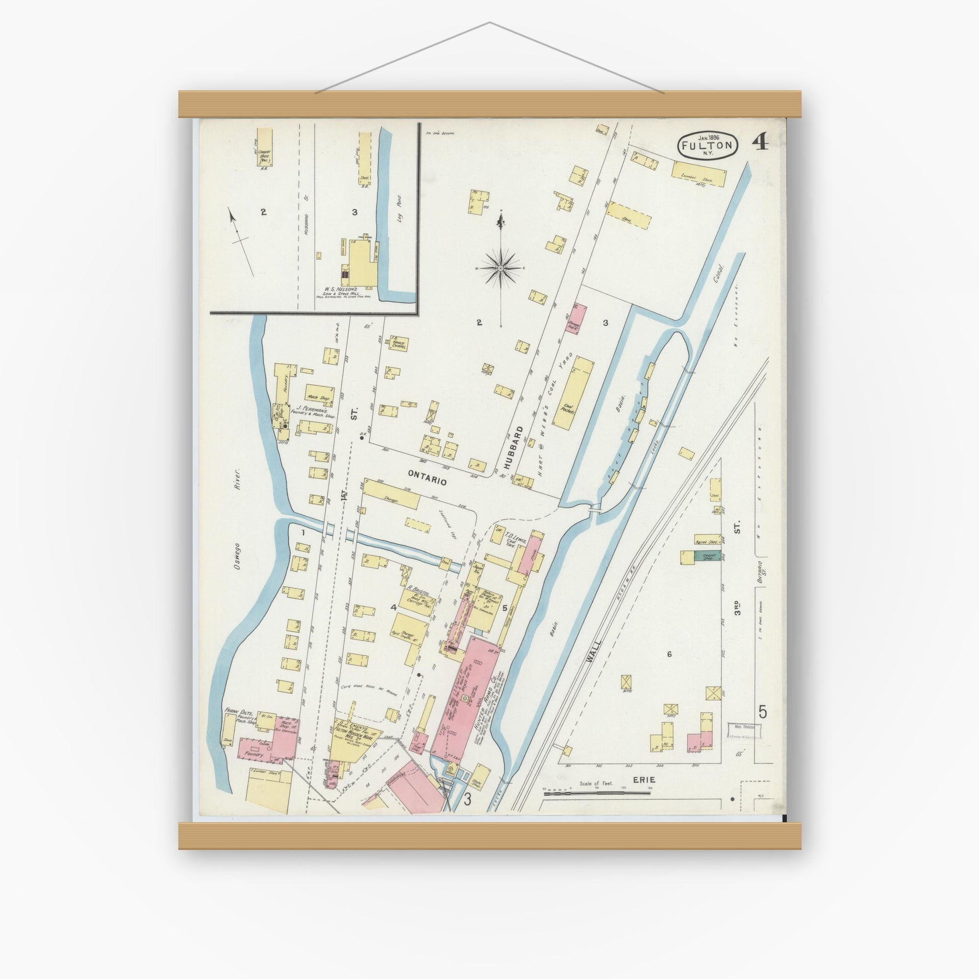 Old map wall art mockup — magnetic wood frame on white wall — Sanborn Fire Insurance Map from Fulton, Oswego County, New York (1896), Sheet #0004