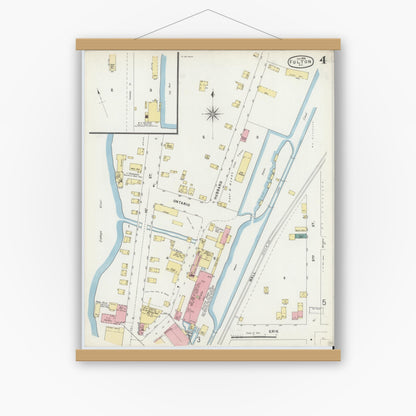 Old map wall art mockup — magnetic wood frame on white wall — Sanborn Fire Insurance Map from Fulton, Oswego County, New York (1896), Sheet #0004