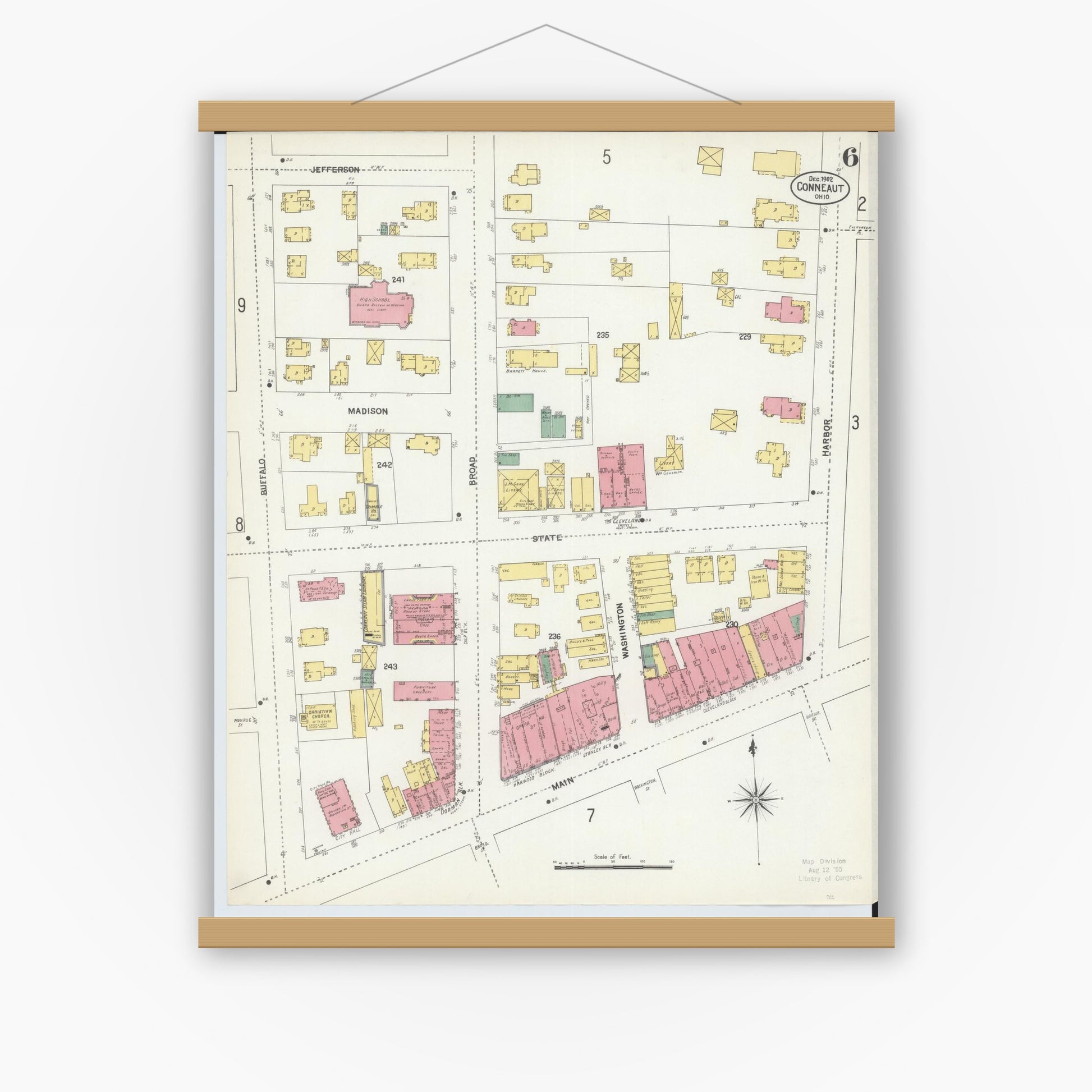 Old map wall art mockup — magnetic wood frame on white wall — Sanborn Fire Insurance Map from Conneaut, Ashtabula County, Ohio (1902), Sheet #0006