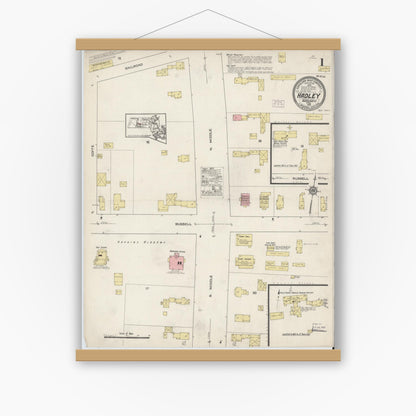 Old map wall art mockup — magnetic wood frame on white wall — Sanborn Fire Insurance Map from Hadley, Hampshire County, Massachusetts (1915), Sheet #0001