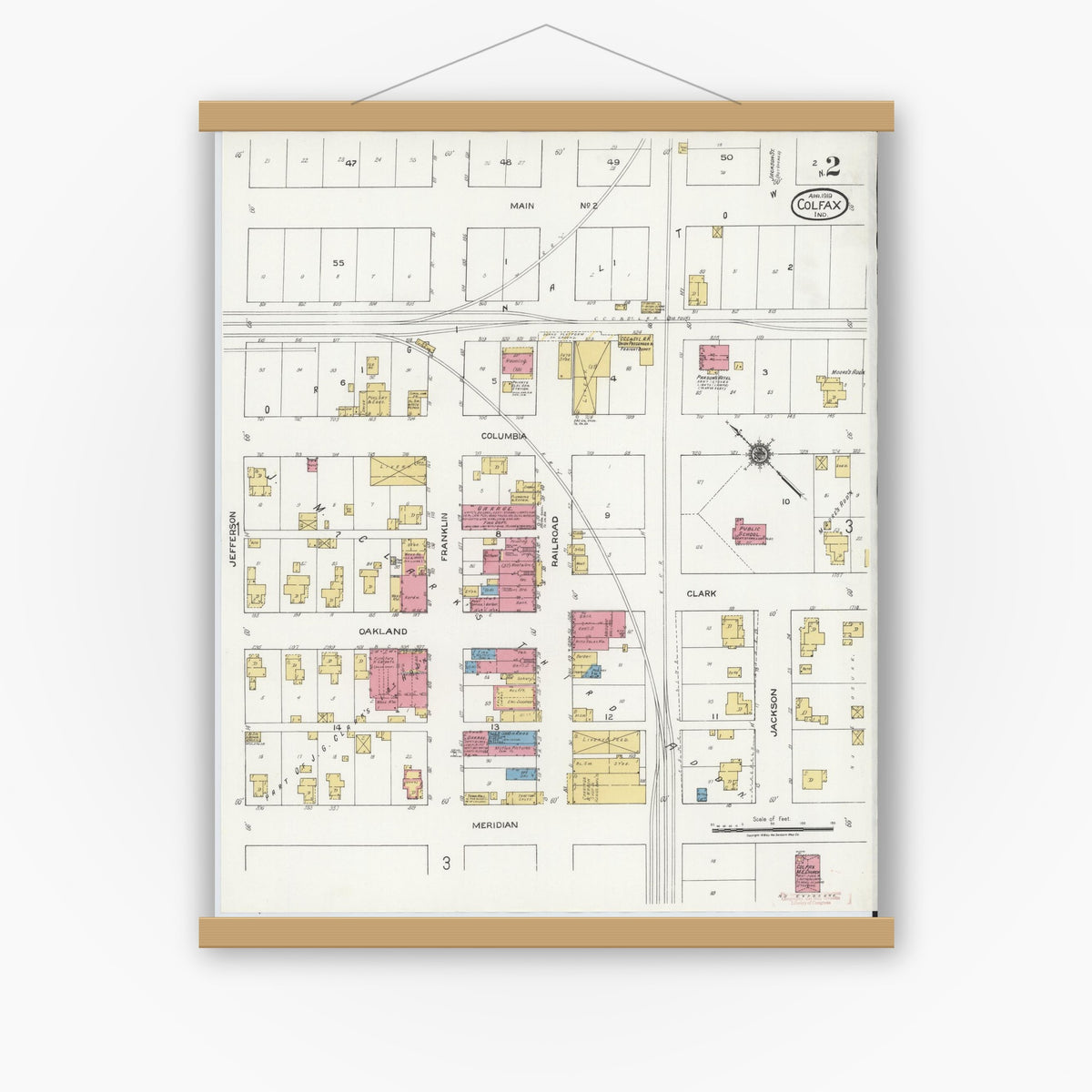 Old map wall art mockup — magnetic wood frame on white wall — Sanborn Fire Insurance Map from Colfax, Clinton County, Indiana (1919), Sheet #0002