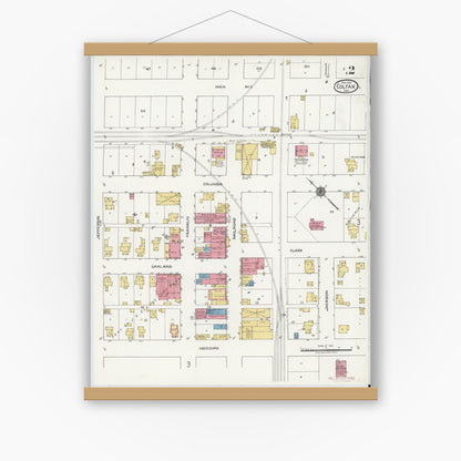 Old map wall art mockup — magnetic wood frame on white wall — Sanborn Fire Insurance Map from Colfax, Clinton County, Indiana (1919), Sheet #0002