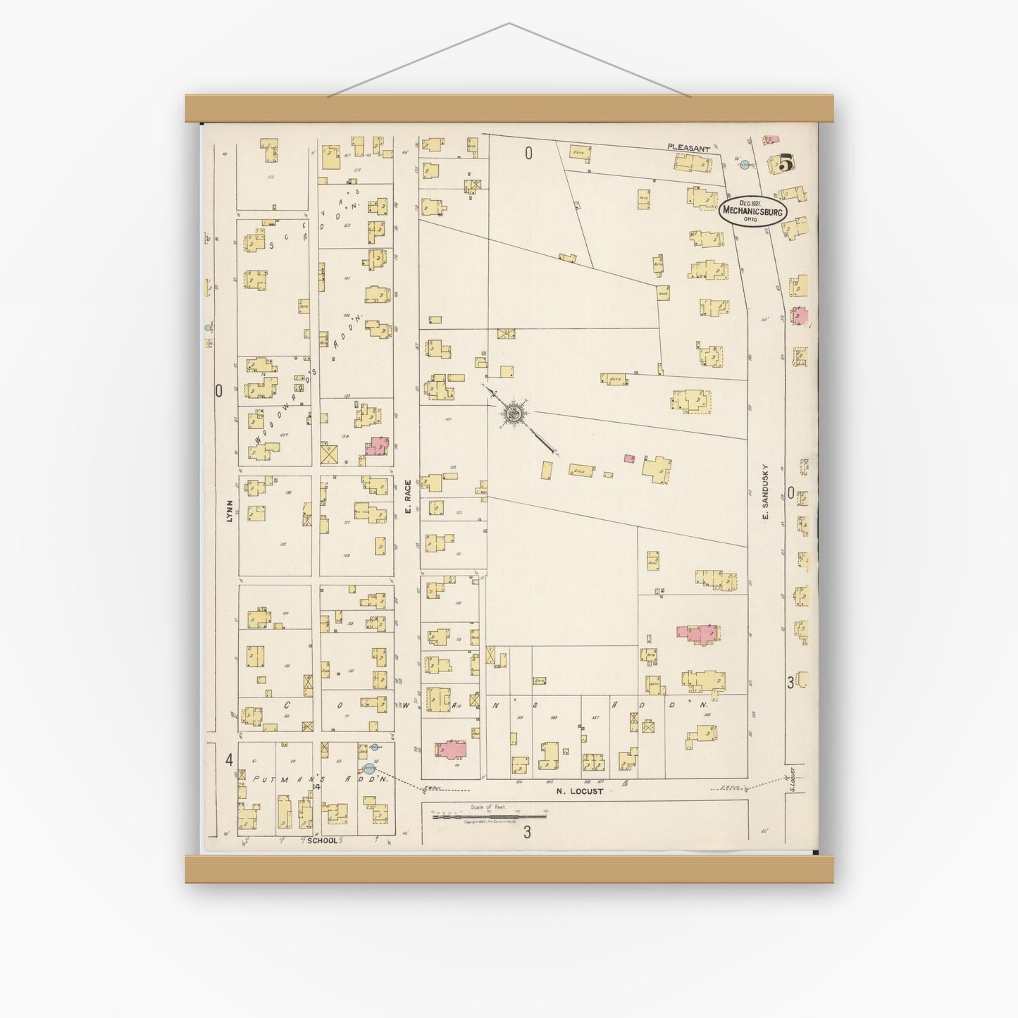 Old map wall art mockup — magnetic wood frame on white wall — Sanborn Fire Insurance Map from Mechanicsburg, Champaign County, Ohio (1921), Sheet #0005