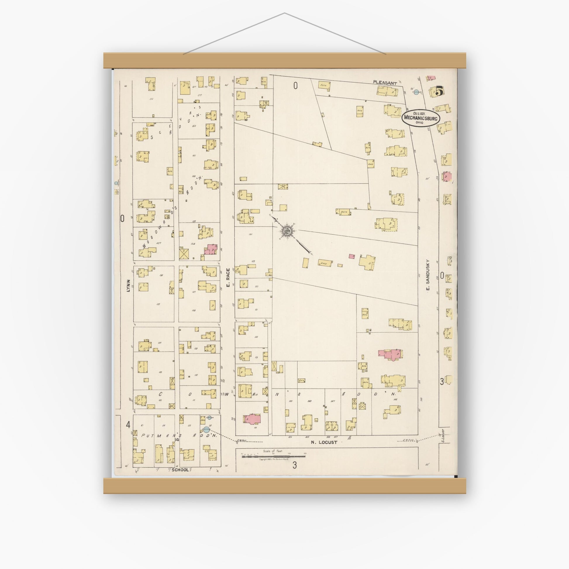 Old map wall art mockup — magnetic wood frame on white wall — Sanborn Fire Insurance Map from Mechanicsburg, Champaign County, Ohio (1921), Sheet #0005