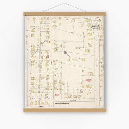 Old map wall art mockup — magnetic wood frame on white wall — Sanborn Fire Insurance Map from Mechanicsburg, Champaign County, Ohio (1921), Sheet #0005