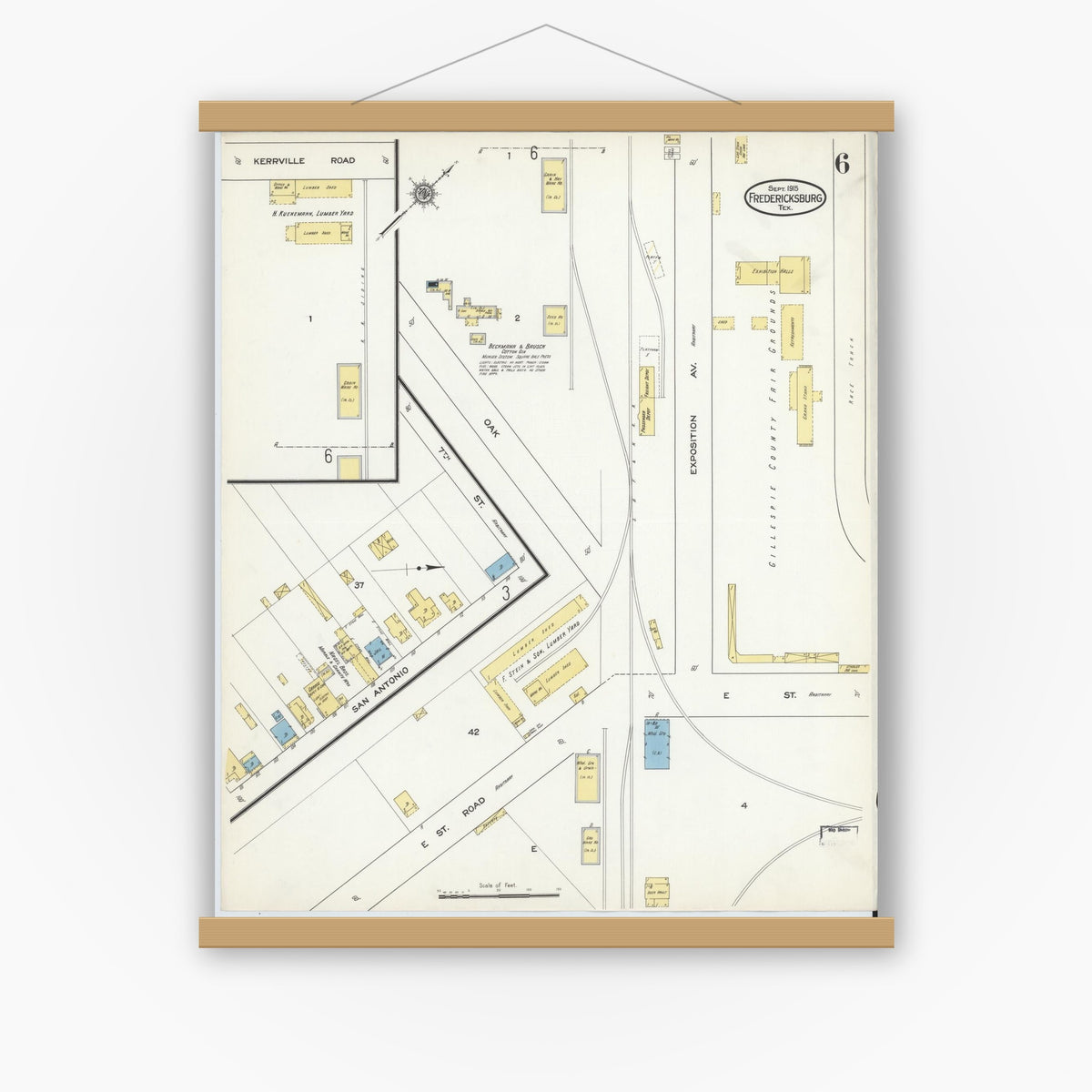 Old map wall art mockup — magnetic wood frame on white wall — Sanborn Fire Insurance Map from Fredericksburg, Gillespie County, Texas (1915), Sheet #0006