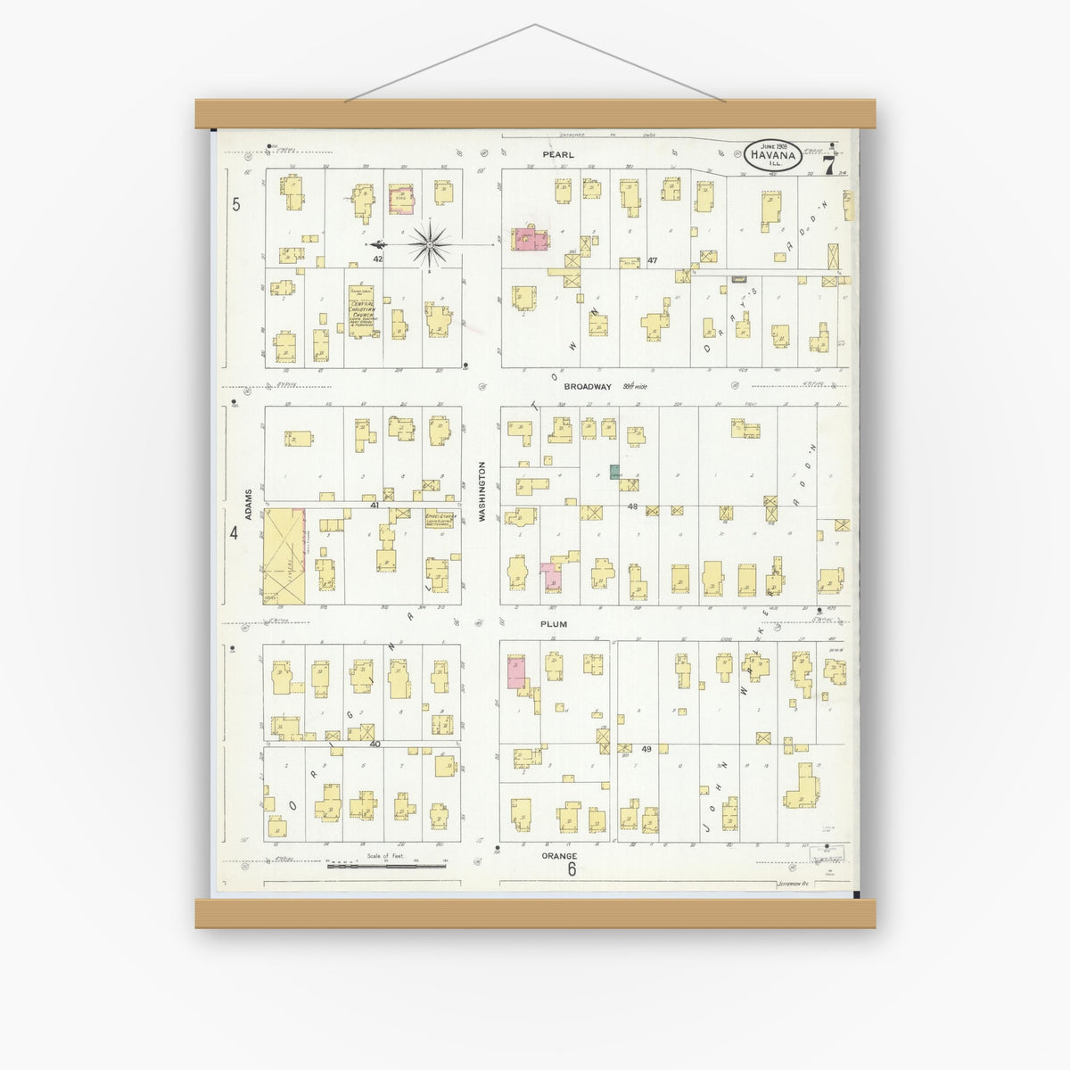 Old map wall art mockup — magnetic wood frame on white wall — Sanborn Fire Insurance Map from Havana, Mason County, Illinois (1909), Sheet #0007