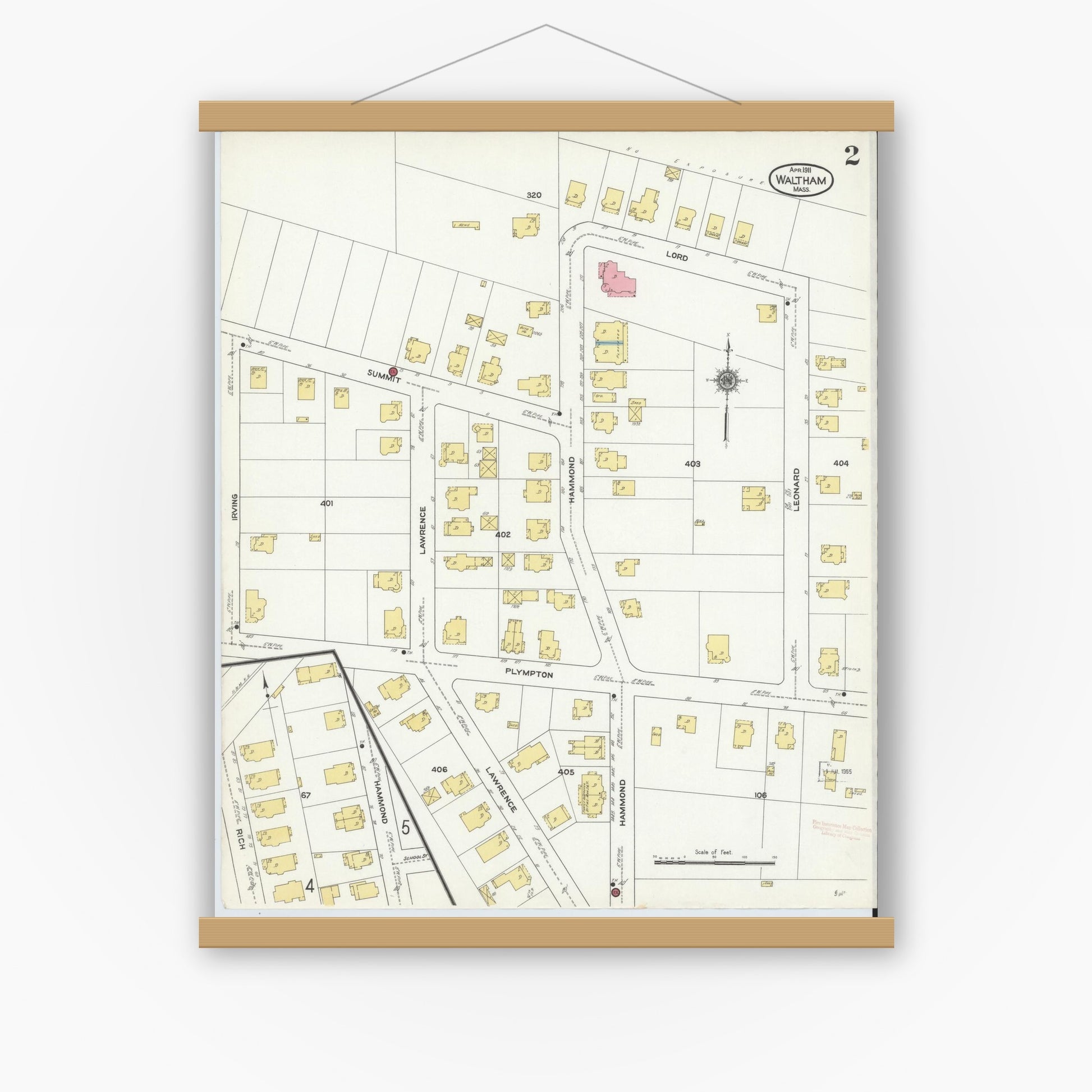Old map wall art mockup — magnetic wood frame on white wall — Sanborn Fire Insurance Map from Waltham, Middlesex County, Massachusetts (1911), Sheet #0002