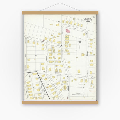 Old map wall art mockup — magnetic wood frame on white wall — Sanborn Fire Insurance Map from Waltham, Middlesex County, Massachusetts (1911), Sheet #0002