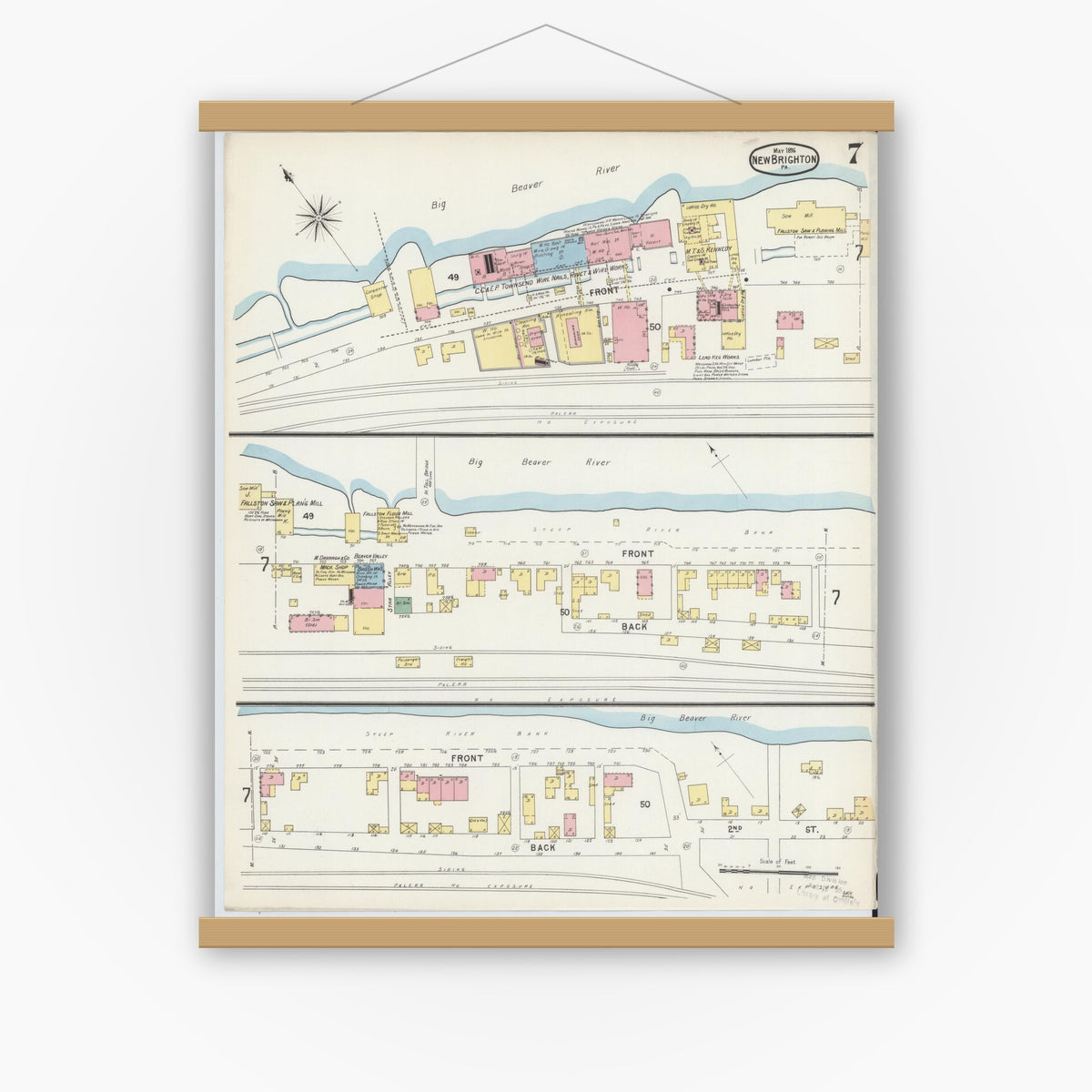 Old map wall art mockup — magnetic wood frame on white wall — Sanborn Fire Insurance Map from New Brighton, Beaver County, Pennsylvania (1896), Sheet #0007