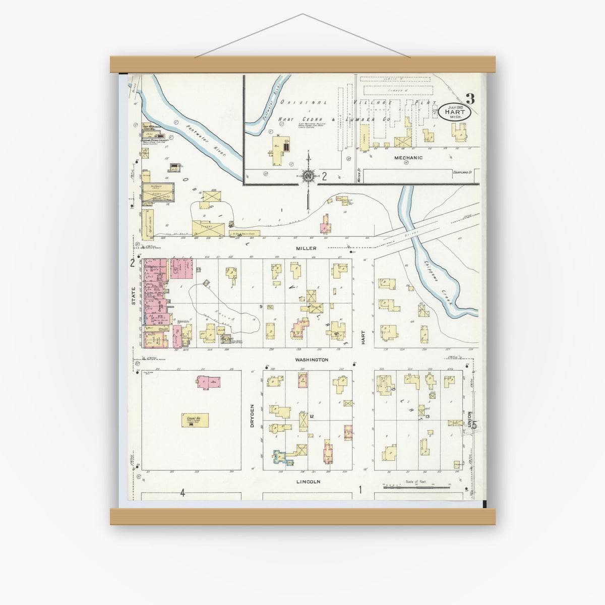 Old map wall art mockup — magnetic wood frame on white wall — Sanborn Fire Insurance Map from Hart, Oceana County, Michigan (1910), Sheet #0003